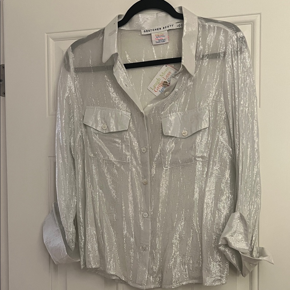 NWT Gretchen Scott Designs Shimmering Silver Button Down Shirt. Size large